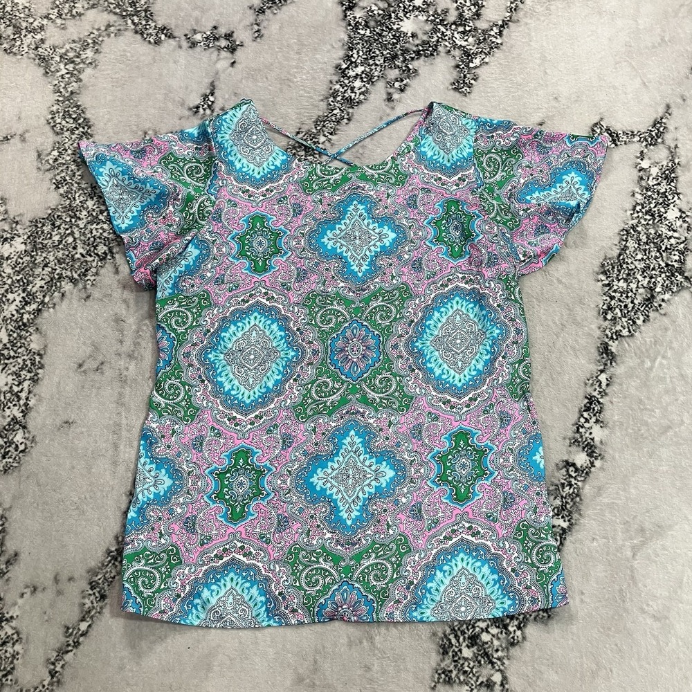 Talbots Womens Medium Blue Green Pink Paisley Print Short Sleeve Blouse Top